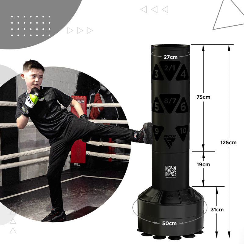 RDX Kt Ronin 4ft 2-In-1 Kids Free Standing Punch Bag Black With Gloves For Training & Workout Set#color_black